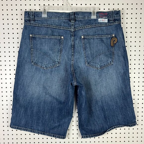 Pelle Pelle Baggy Jeans Shorts Size 40 Hip Hop Wide Leg Blue Jean 90s Stitched - Picture 1 of 7